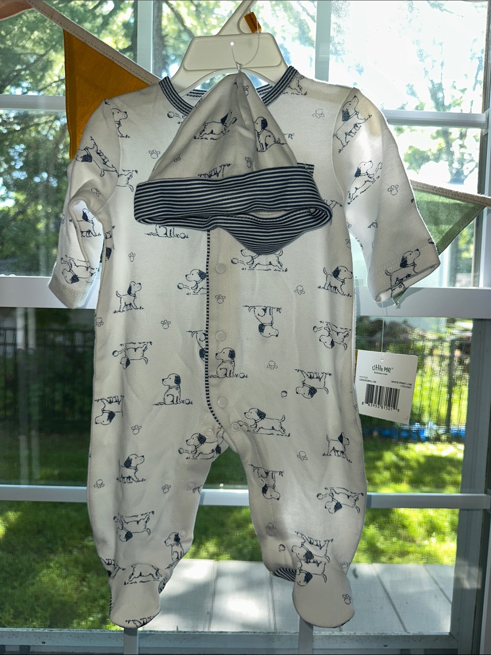 Little Me White One-Piece Footed Sleeper with Navy Puppy Print and Hat